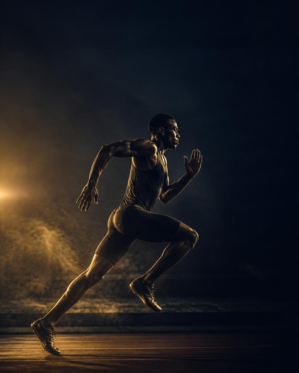 Athlete sprinting at dawn with warm golden rim light
