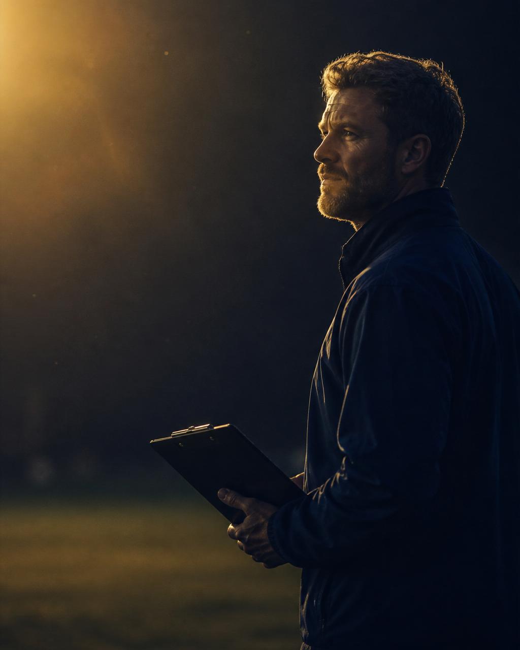 Coach on the sideline holding a clipboard at golden hour