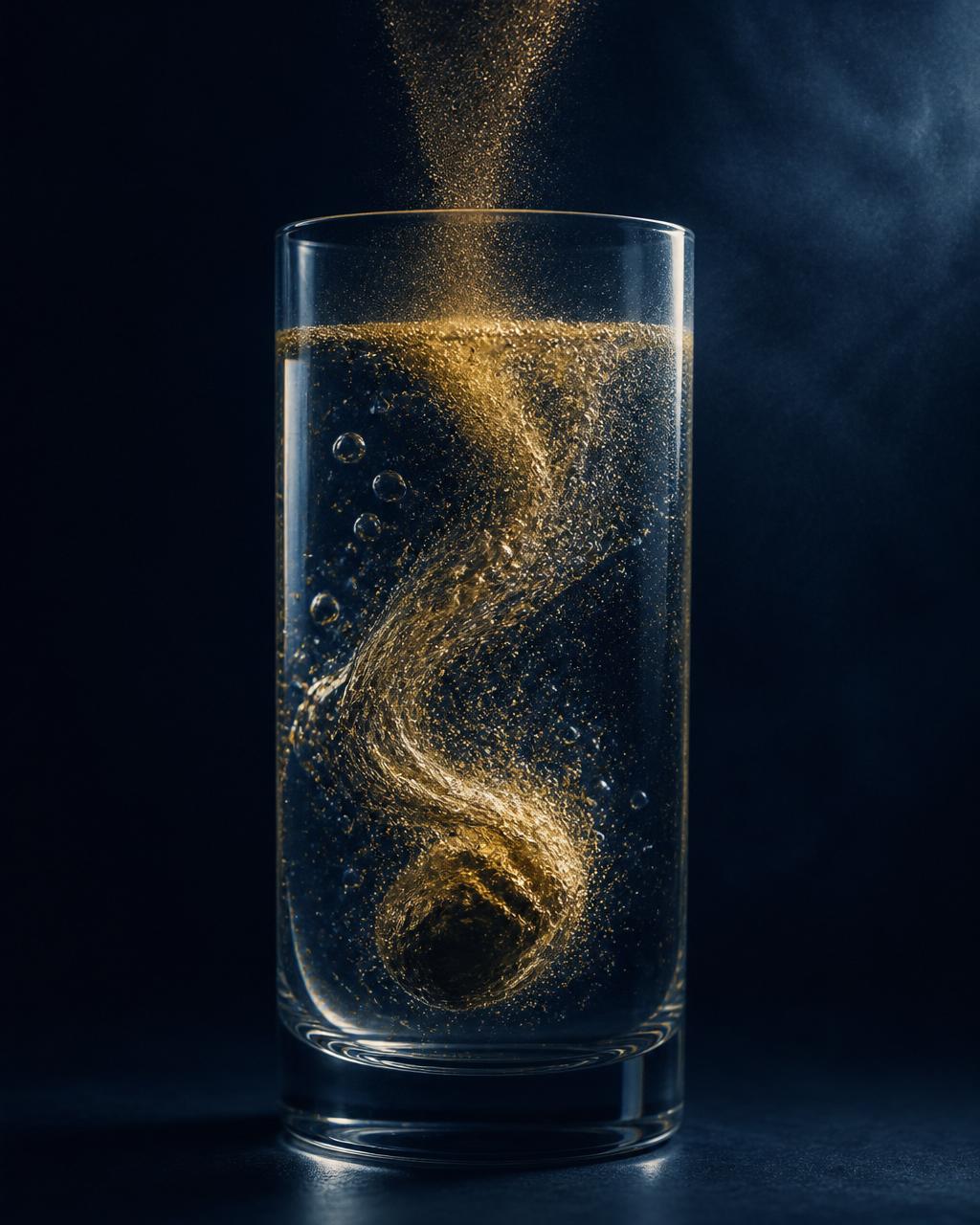 Gold electrolyte powder swirling into a glass of water