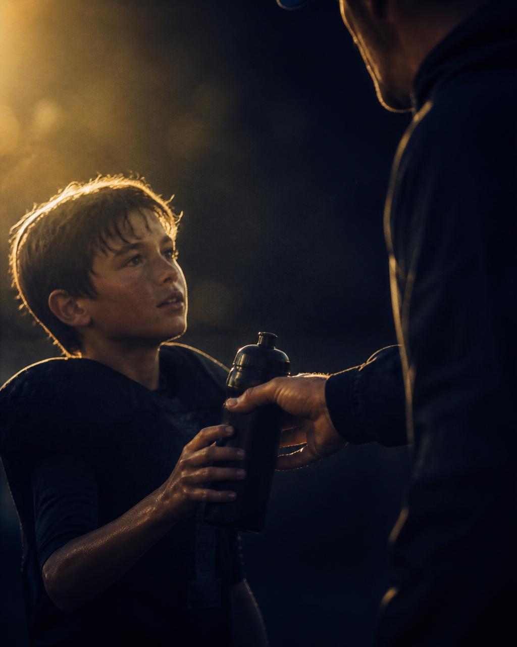 Parent handing a water bottle to a young athlete